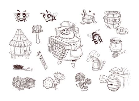 Honey bee sketch set with honeycomb with hiveのイラスト素材