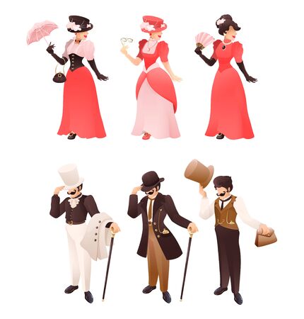 Fashioned retro victorian lady and gentleman with different accessoriesのイラスト素材