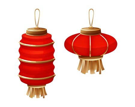 Chinese red paper lanterns of circular and cylindrical shapes. Elements for Chinese traditional Happy New Year vector illustration on white backgroundのイラスト素材