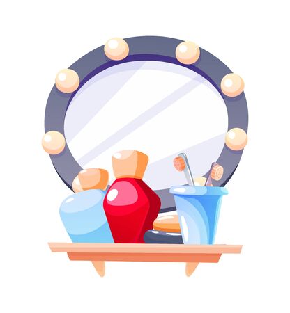 Bathroom with shelves, mirror and shampoo gel toothbrushes cartoon vectorのイラスト素材