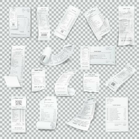 Rumpled realistic receipt set. Paper receipts with payment,のイラスト素材