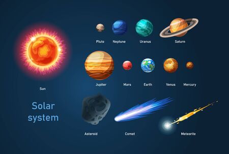 Solar system with sun, planets comets asteroid meteoriteのイラスト素材