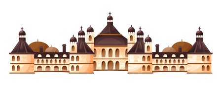 Traditional architectural structure castle medieval France. Old tower, historic city department in Paris. Beautiful building, with buildings and prefecture. Vector illustration isolated.のイラスト素材