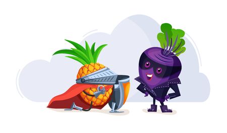 Cartoon characters fruits in superhero costumes lovers cherry and pineappleのイラスト素材
