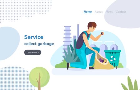 People recycle sort garbage landing page. Employee of service collect garbage, sorts by bags and containers. Household waste, recycling. People for eco city reduce environment pollution vectorのイラスト素材