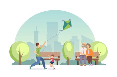 Summer city park of rest and entertainments. Elderly couple sits on bench in an embrace and rests, dad with kids play with flying kite. Joint rest, days off vectorのイラスト素材