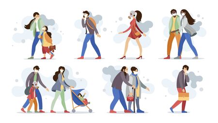 Group people character choking on dust wearing protective face masksのイラスト素材