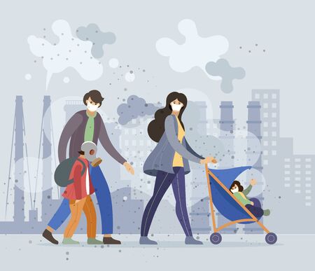 Family people parents, children wearing protective face masksのイラスト素材
