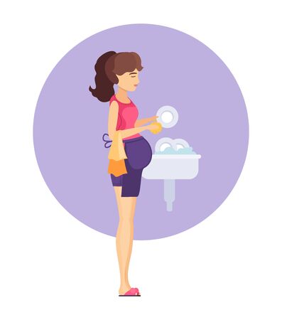 Pregnant woman house work washing dishes in kitchen tapのイラスト素材