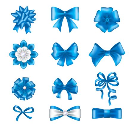 Blue ribbon bows set. Silk satin gift bows realistic vectorのイラスト素材