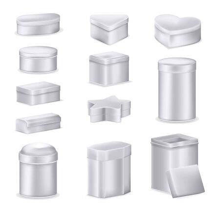 Realistic metal box mockup set. Aluminum containers boxes different shapesのイラスト素材