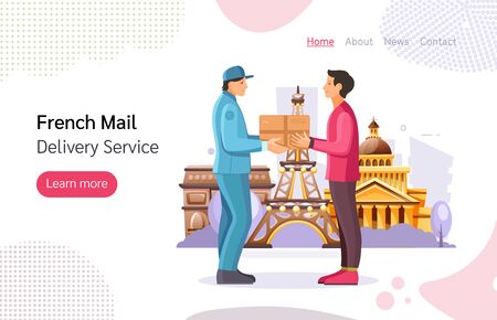 Mail delivery service. French postman work courier hands a package to a person to the addressee in Paris. Post office workers shipping letters landing page cartoon vector illustrationのイラスト素材