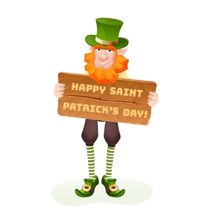 Funny Irish fantastic character, gnome leprechaun. Feast day of Saint Patrick. Leprechaun in traditional dress and headgear, holding a sign saying Happy St. Patrick's day cartoon vectorのイラスト素材