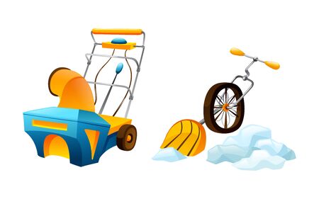 Manual scraper and snow blower cleaning snow after a snowfallのイラスト素材