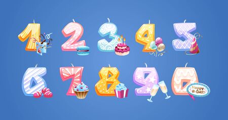 Happy Birthday anniversary numbers candle on a dark background. Birthday cake candles with holiday decorations, cake, cakes, balloons, gifts vector illustration. Party invitation card template mockupのイラスト素材
