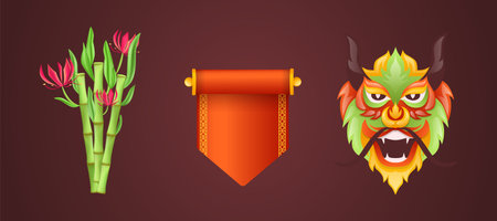 Chinese Traditional Happy New Year with different lanterns scrolls fan.のイラスト素材