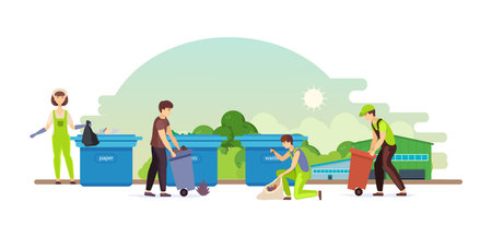 Group people volunteer clean up waste, employees is engaged in recycling garbage. Young girls and man gathering, sorting of garbage. Pollution protection, environment clean, ecology waste vectorのイラスト素材
