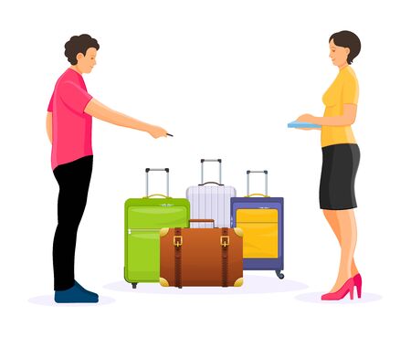 Man and woman count luggage, waiting to arrival and departureのイラスト素材