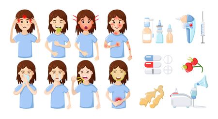 Character woman infographics with allergy symptoms and medications for treatmentのイラスト素材
