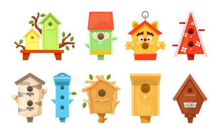 Decorative wooden spring bird houses. Colorful garden birdhouses for feeding birds. Wooden constructions to birds small buildings of planks with hole. Vector illustration.のイラスト素材