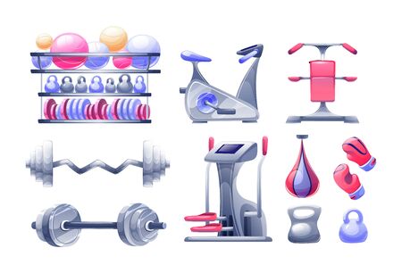 Equipment for strong muscles, slim figure, fitness exercise or yoga training. Gym powerlifting, sport bodybuilding tools. Weight, gymnastic ball, barbells, kettlebells, dumbbells. Vector illustration.のイラスト素材