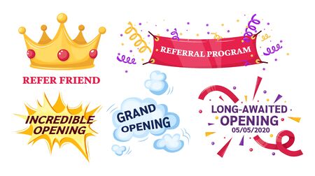 Set of opening label typography graphic design. Promotion announce stickers.のイラスト素材