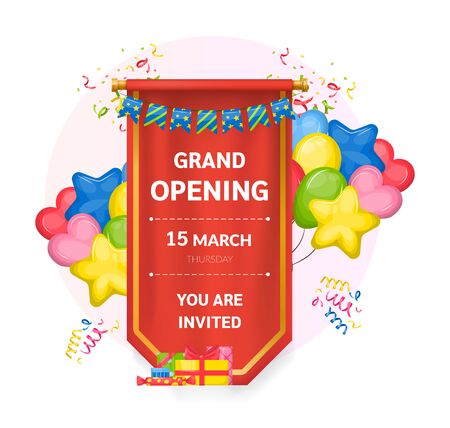 Realistic red pennant textile flag, grand opening label. Advertising canvas opening banners vectorのイラスト素材