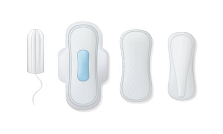 Feminine hygiene products, feminine hygiene items. Realistic woman pads and tampons.のイラスト素材