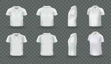 Realistic polo shirt men women set. White blank classic polo t-shirt mock up isolated on transparent dark backgroundのイラスト素材