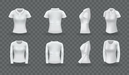 Realistic polo shirt men women set. White blank classic polo t-shirt mock up isolated on transparent dark backgroundのイラスト素材