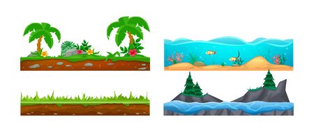 Game landscape, gaming interface. Landscape for 2D games. Scenery with cactus, soil, sandy ground, lava vectorのイラスト素材