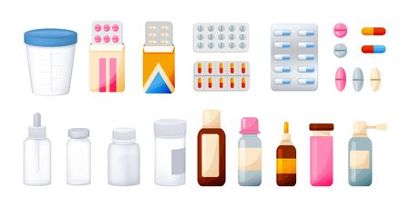 Pharmacy pharmaceutical set of empty, transparent 3D packaging for medicines.のイラスト素材