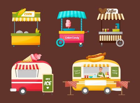 Street van, trading, fast machine transport products food, shop truck with stall. Canopy on wheels, fast food assortment and tasty eating, streets eat, coffee, drinks. Street food market vectorのイラスト素材