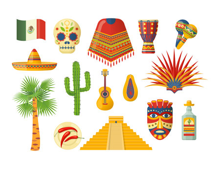 Cinco de mayo Mexican set. Traditional Latin elements sombrero, sugar skull, maracas, flag, ethnic mask, cactus, carnival, guitar, pyramid, palm tree, cactus, chili pepper, tequila, guava flat vectorのイラスト素材