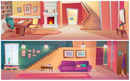 Set of cosiness living room and cabinet workplace interior. Comfortable apartment floor design with furniture, stairs, fireplace and couch. Cozy domestic place for work and relaxing cartoon vectorのイラスト素材