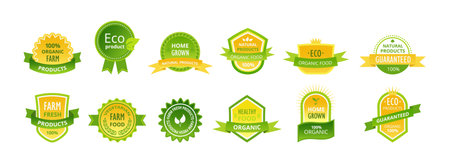 Natural organic product label set. Design template eco farm food, guaranteed homegrown meal. Colored emblem decorated festive ribbon, crown and stars. Quality sticker cartoon vectorのイラスト素材