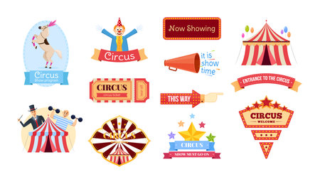 Circus labels and signboards. Advertising poster emblem with clown, trained animal horse, tent, strongman, air balloons. Pointer promo welcome banner. Amusement entertainment vector cartoonのイラスト素材