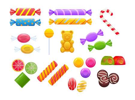 Bright childish sweet candy set. Multicolored delicious dessert lollipop, jelly bear, spiral rainbow sweetmeat, marmalade. Swirl colorful caramel treats. Wrapped sugary chocolate cartoon vectorのイラスト素材