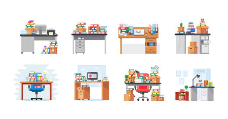 Modern workplace set. Front and back view of messy neatly place for work with computer and stack of books and paper documents. Corporate or home desk furniture workaholism organization cartoon vectorのイラスト素材