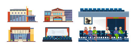 Cinema set. Outdoor facade building and indoor interior with spectator audience sitting in row at film strip. Movie theater 3d cyberspace entertainment amusement for children and adults vector flatのイラスト素材