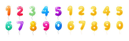 Multicolored numbers glossy and golden air balloon set. Helium figures for celebrate birthday party, wedding, anniversary. Foil balloons with thread. Rubber flying festive holiday decor flat vectorのイラスト素材