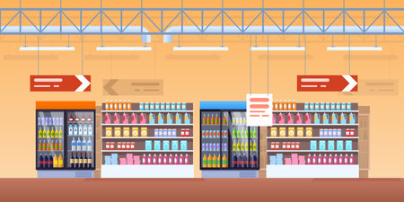 Supermarket cold showcase interior. Shop fridges, refrigeration and shelf with fresh product packs, soda, lemonade bottles, wine, dairy. Cool commercial display grocery retail shelves cartoon vectorのイラスト素材