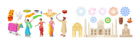 Happy Diwali Indian ethnic elements set. Traditional religion festive holiday decor with shiny diya oil lamp, dancing woman in national outfit, sacred animal cow, salute, Buddha statue cartoon vectorのイラスト素材