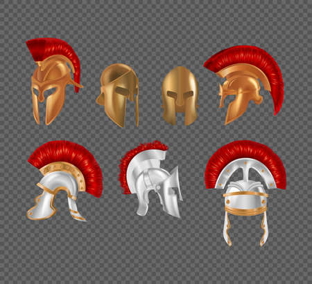 Ancient Greek warrior helmet set. Spartan antique bronze protective headgear. Traditional Roman metallic head safety war uniform decorated red brush. Military gladiator fight outfit realistic vectorのイラスト素材