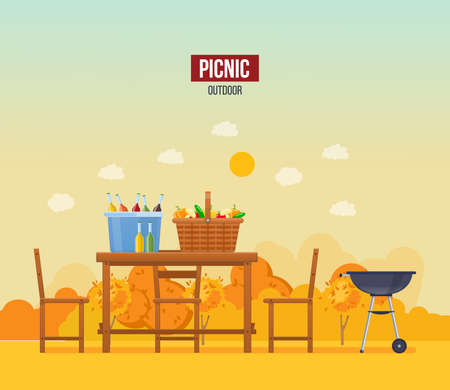 Autumn outdoor picnic. Wooden furniture basket full of food drinks at fall scenery with inscription. Healthy cooking barbeque at forest garden with place for text. Seasonal nature leisure flat vectorのイラスト素材