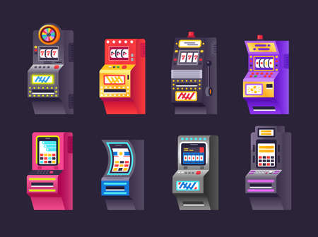 Isometric slot machine set. Modern gambling device for money and prize winning. Amusement coincidence bingo jackpot with screen, buttons and joystick. Arcade game playing cartoon vectorのイラスト素材