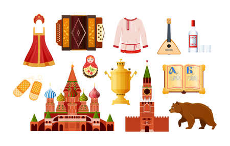 Traditional Russian elements set. National vintage object kokoshnik, sundress, caftan, balalaika, vodka, bast shoes, bear. Ethnic Slavic symbols. Russia travel retro decorative decor cartoon vectorのイラスト素材