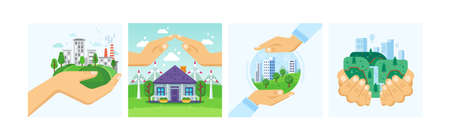 Set city in hands ecology protection. Modern urban environmental conservation Earth day concept. House with green park and garden. Alternative fuel and power generation, waste recycling vector cartoonのイラスト素材