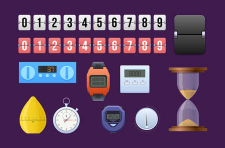 Different electronic and manual timer with numbers line set. Equipment for countdown, checking time, deadline, date, event with indicator information. Wristwatch, stopwatch, hourglass vector flatのイラスト素材