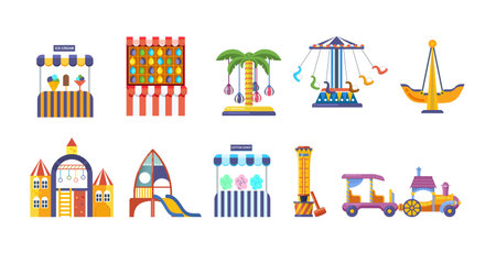 Amusement park with carousels set. Childish entertainment equipment Circus, Fun fair and Carnival. Fantasy festival with fairy tale castle, slides, street cafes vector cartoonのイラスト素材
